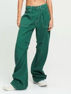 Lioness Miami Vice Sage-Green Cargo Jeans  High-Rise Wide Leg Baggy Fit Pants
